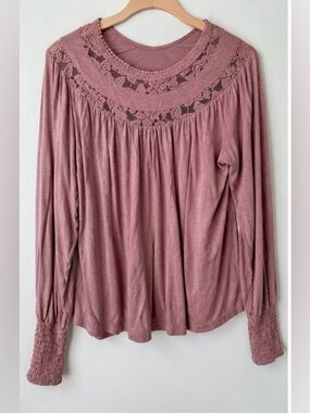 Daytrip Mauve Lace Yoke Long Sleeve Boho Top Size Medium #61